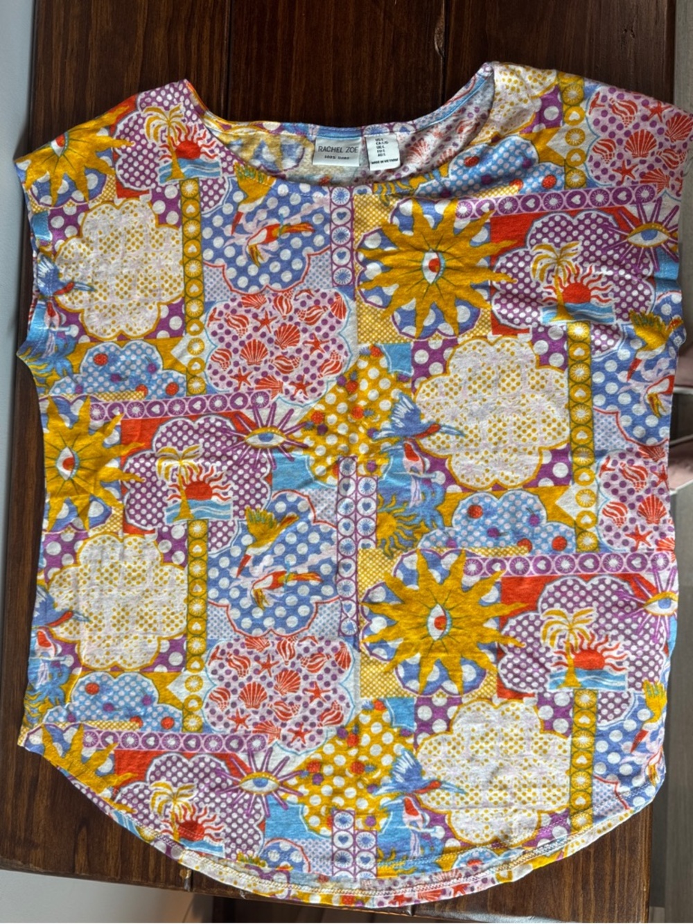 Rachel Zoe Multicolor Floral Patchwork Cap-Sleeve Linen Top
